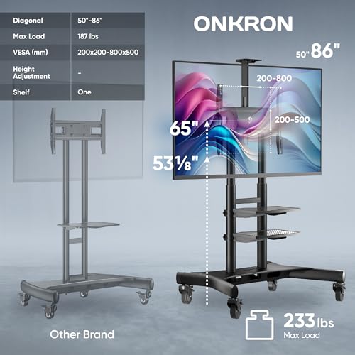 Mobile TV Stand on Wheels for 50-86 Inch TVs, Adjustable Height, Rolling Cart with Shelves B525016