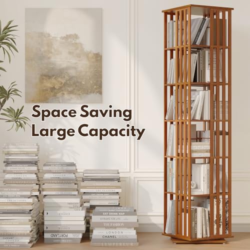 Rotating Bookshelf Tower, 360 Spinning Bamboo Bookcase, 6 Tier Floor Standing Storage Rack U3081