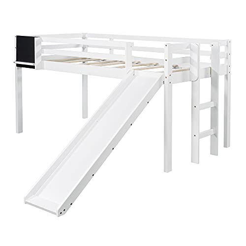 Wood House Loft Bed Frame with Slide and Storage Shelves Z806