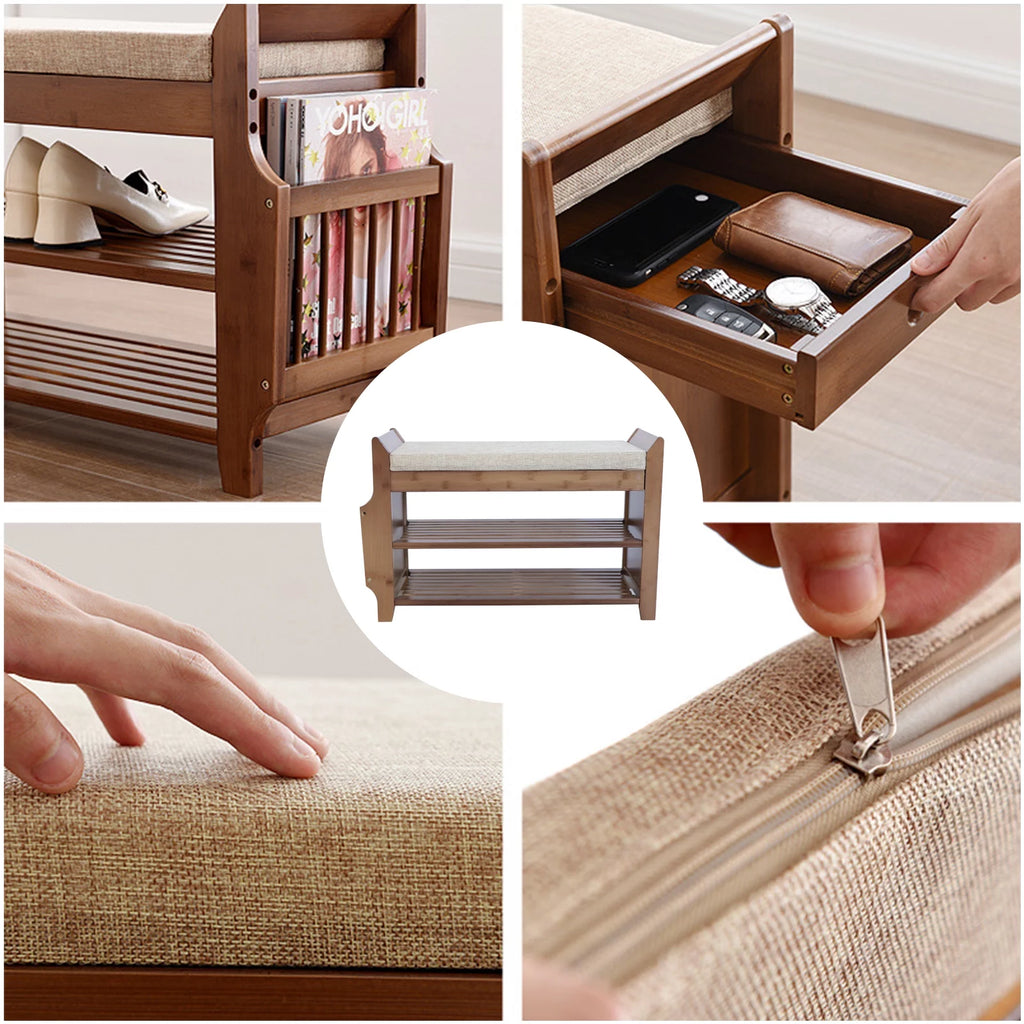 Bamboo 2 Tier Shoe Rack Bench with Soft Seat for Entryway M310