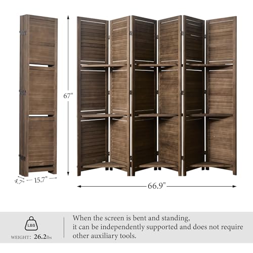 Folding Room Divider with Shelves, 6 Panels, Brown D785582