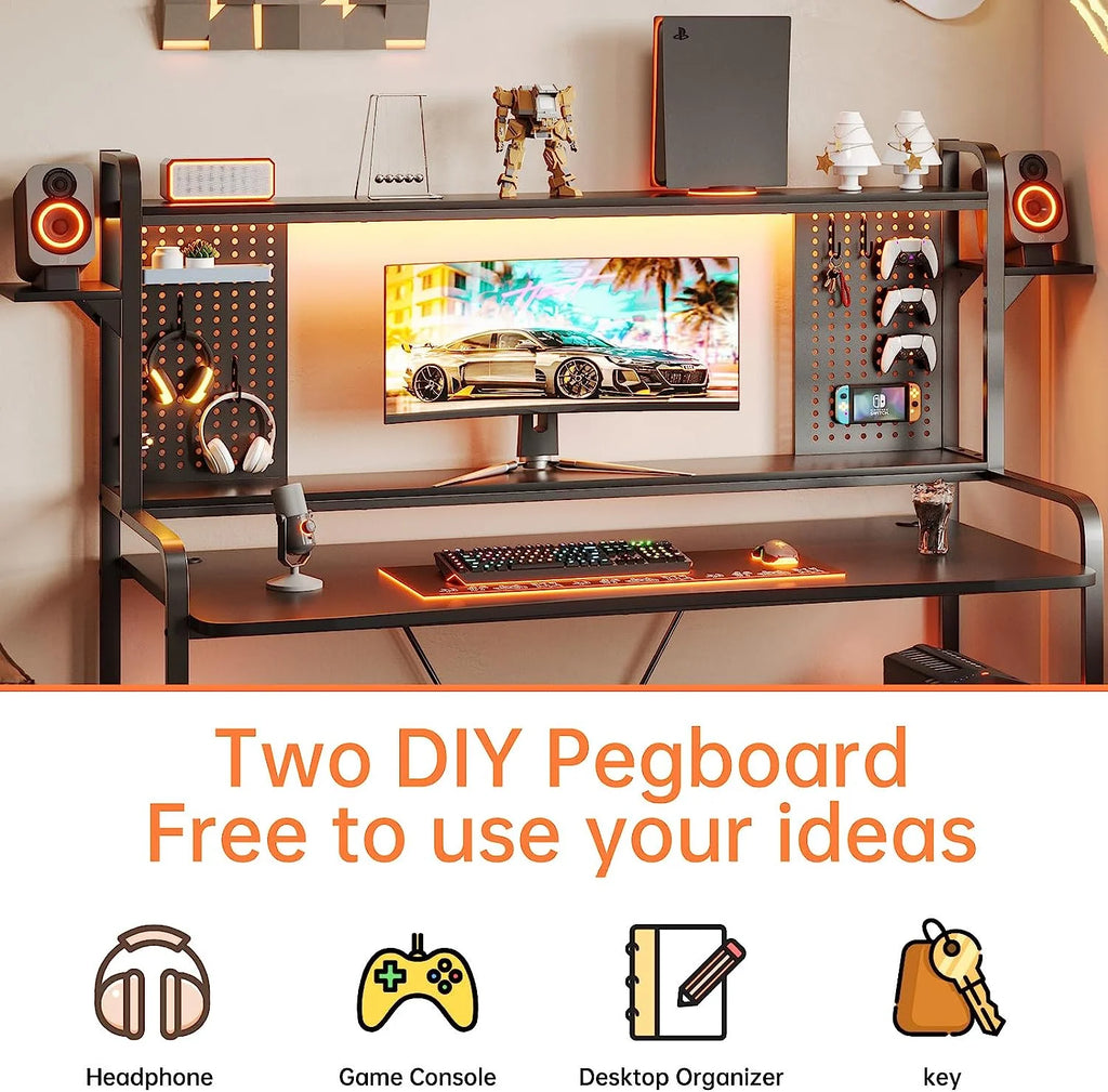 Gaming Desk with Hutch and Shelves, LED Lights, Monitor Shelf, Black B371
