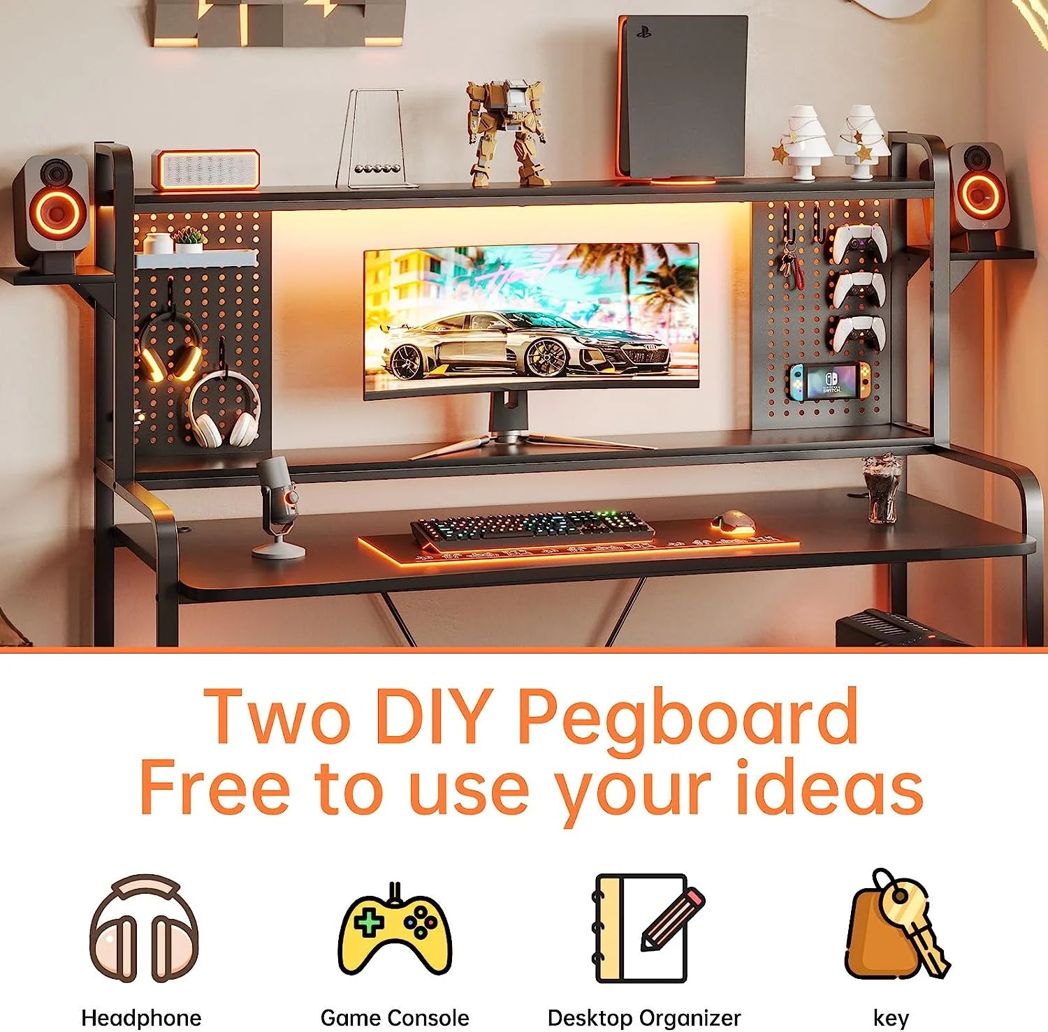 Gaming Desk with Hutch and Shelves, LED Lights, Monitor Shelf, Black B371