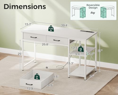 Small Computer Desk with Drawers & Power Outlet for Bedroom, Home Office M131