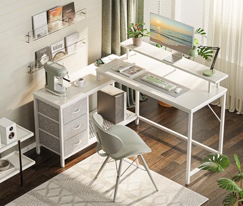 L Shaped Computer Desk with Drawers, LED Lights and Power Outlets O9269