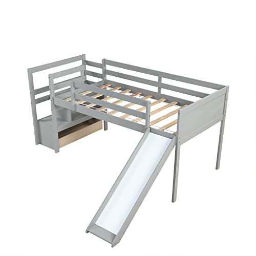 Wood House Loft Bed Frame with Slide and Storage Shelves Z806