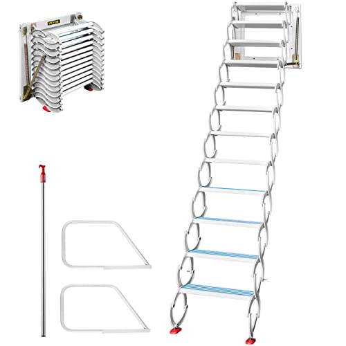 VEVOR Attic Steps Pull Down 12 Steps Attic Stairs, Alloy Attic Access Ladder, Blue Pulldown Attic Stairs, Wall-mounted Folding Stairs for Attic, Retractable Attic Ladder with Armrests, 9.8 feet Height