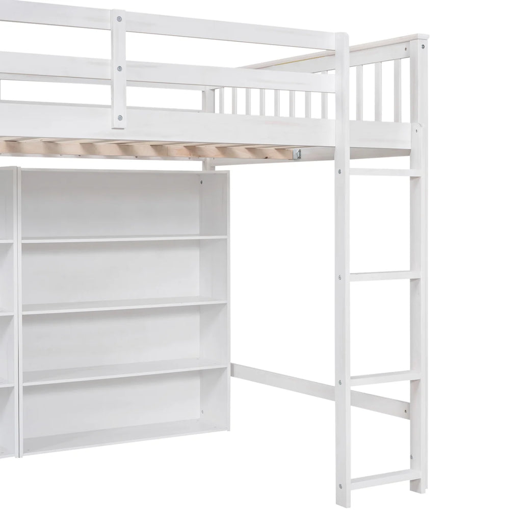 Wood Full Size Loft Bed with 8 Open Storage Shelves and Built-in Bookcase, White U209714