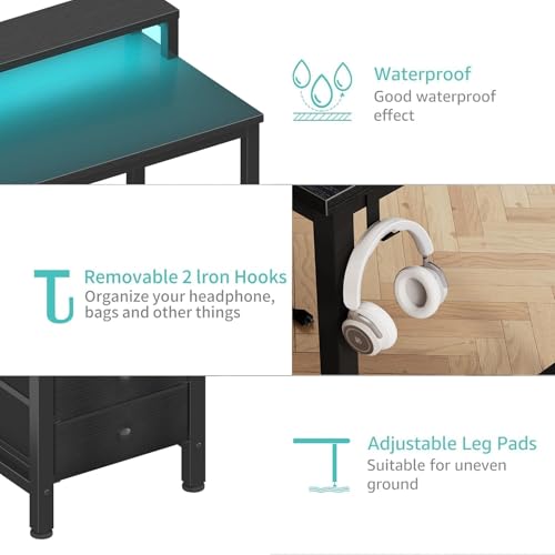 Gaming Desk with LED Lights and Power Outlets, 47 Inch Computer Desk with Fabric Drawers U2584