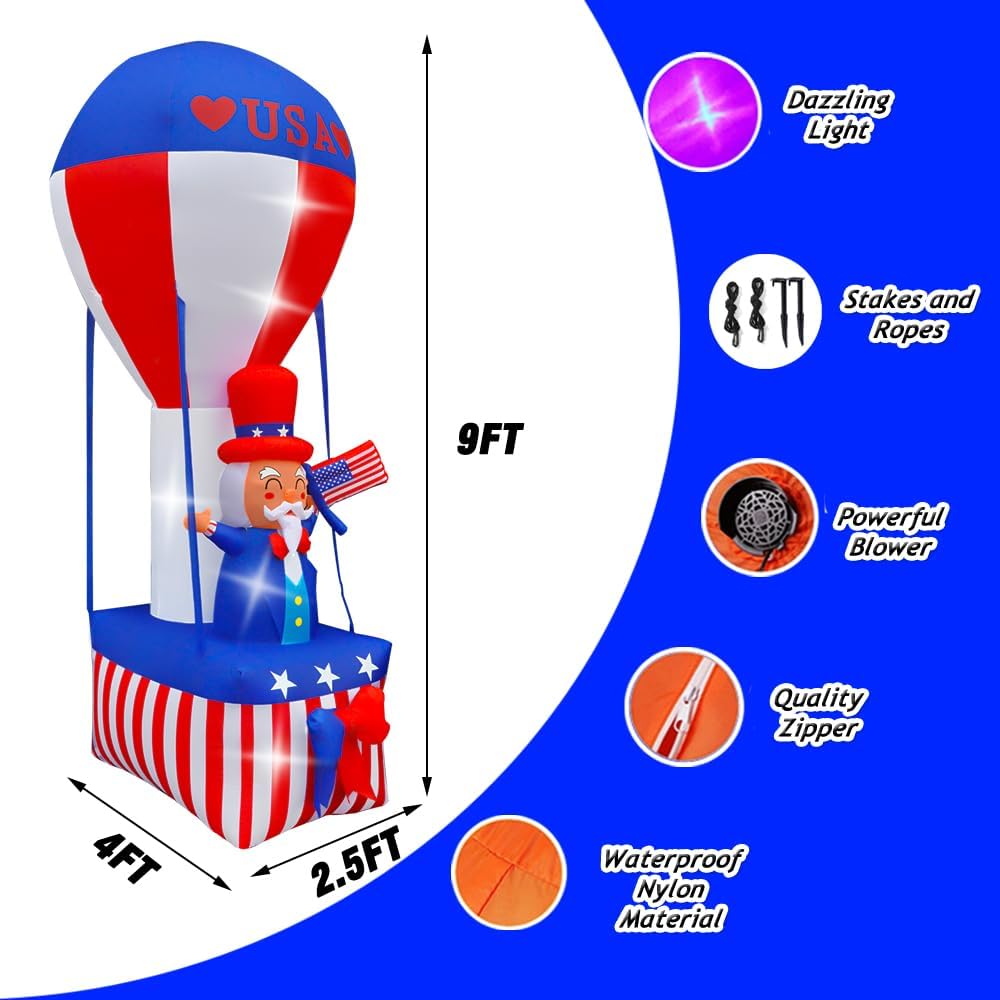 9FT Uncle Sam Hot Air Balloon Inflatable with LED Lights for Outdoor 4th of July Decor H627638
