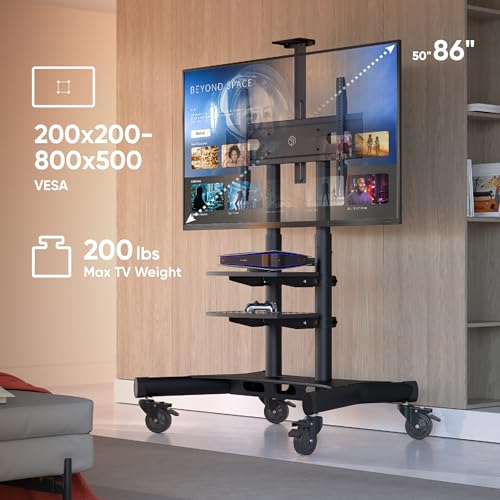 Mobile TV Stand on Wheels for 50-86 Inch TVs, Adjustable Height, Rolling Cart with Shelves B525016