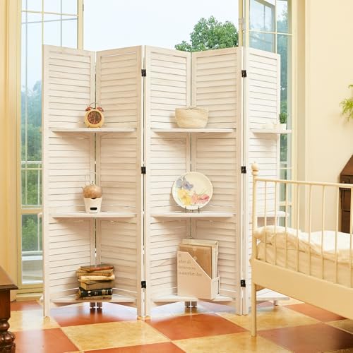 Folding Room Divider with Shelves, 6 Panels, Brown D785582