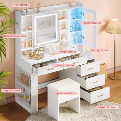 Makeup Vanity Desk with Sliding LED Mirror and Drawers I383