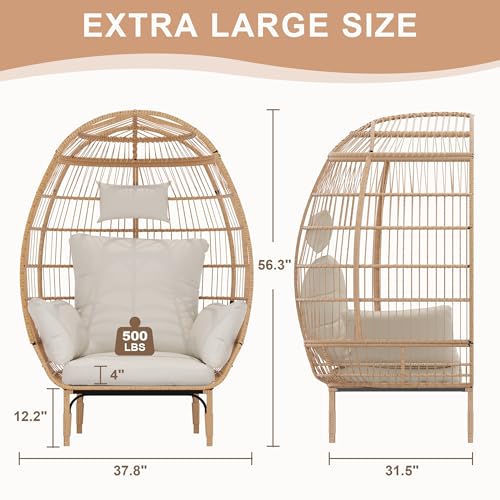 Oversized Wicker Egg Chair with 5 Cushions for Patio and Living Room I822