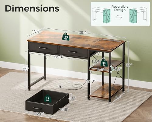 Small Computer Desk with Drawers & Power Outlet for Bedroom, Home Office M131