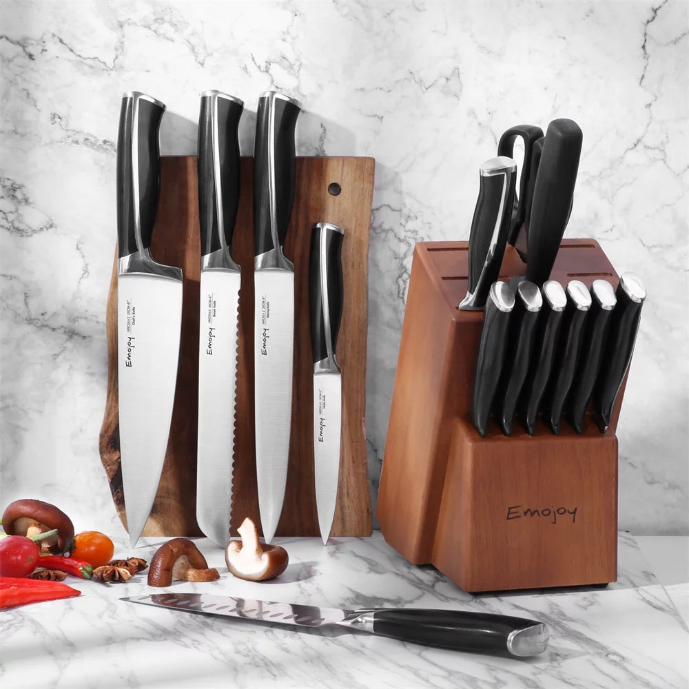 15-Piece Kitchen Knife Set with Wooden Block, Rust Proof, Black Handle I295515