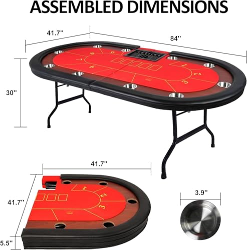 84" Foldable Poker Table with Chips Tray, 10 Player Oval, Green Felt U489