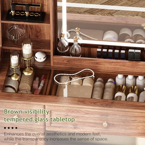 Makeup Vanity Desk with Mirror and Lights, Glass Top, 9 Drawers M5813