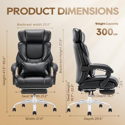 Big and Tall Office Chair Heavy Duty Leather Executive Desk Chair with Wide Seat and Adjustable Headrest R315