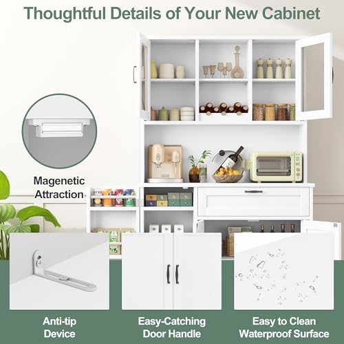 Freestanding Kitchen Pantry Cabinet with Microwave Stand, 4 Doors, Adjustable Shelves and Wine Rack C21265