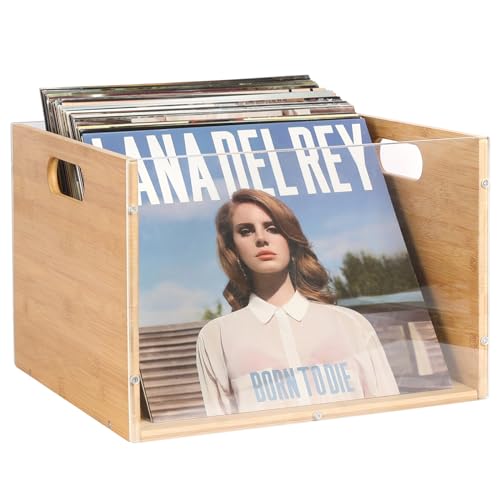 Bamboo & Acrylic Vinyl Record Storage Crate with Handle G916