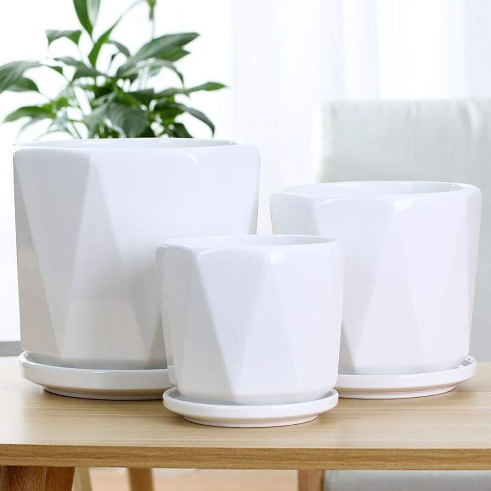Ceramic Plant Pots with Saucer, Set of 3, Indoor Outdoor P840816