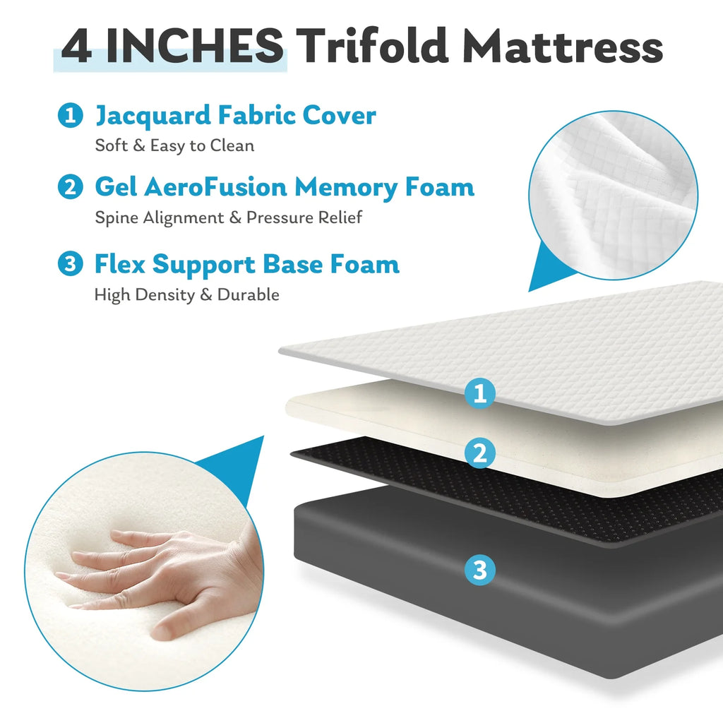 Tri Folding Memory Foam Mattress with Breathable Cover for Camping Travel A48359