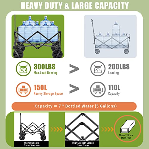 Collapsible Outdoor Utility Wagon with 300 lbs Capacity, Heavy Duty Folding Wagon U386