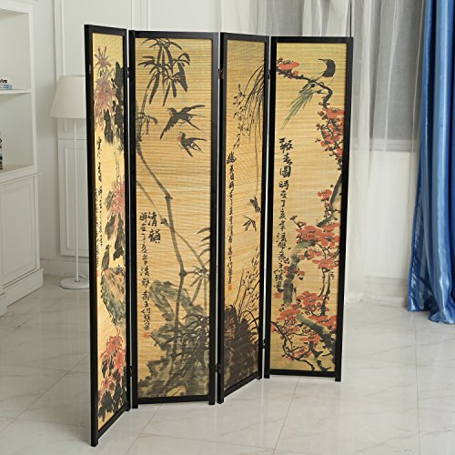 4-Panel Folding Bamboo Room Divider with Cherry Blossom Scene B61114