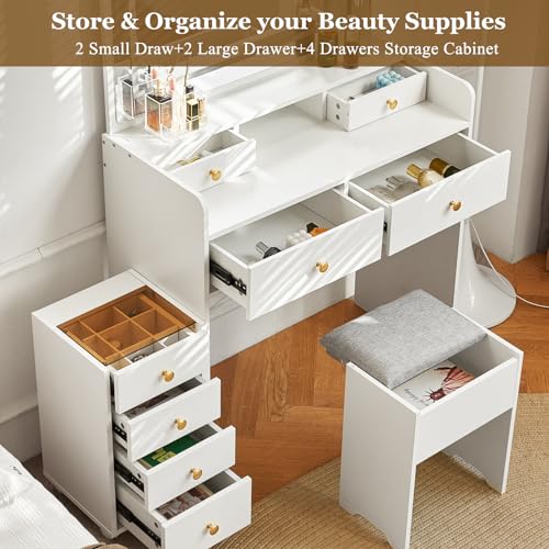 Vanity Desk with Mirror and Lights, Makeup Table with Drawers and Stool B20199