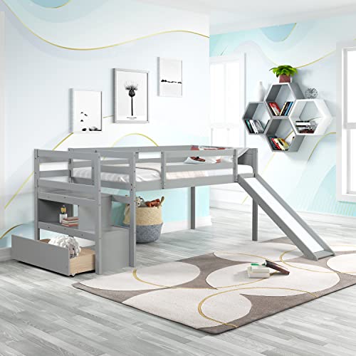Wood House Loft Bed Frame with Slide and Storage Shelves Z806
