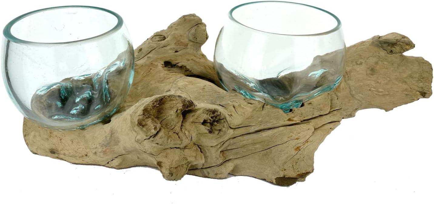 Double Melted Glass Terrarium Planter Bowl with Driftwood R2310