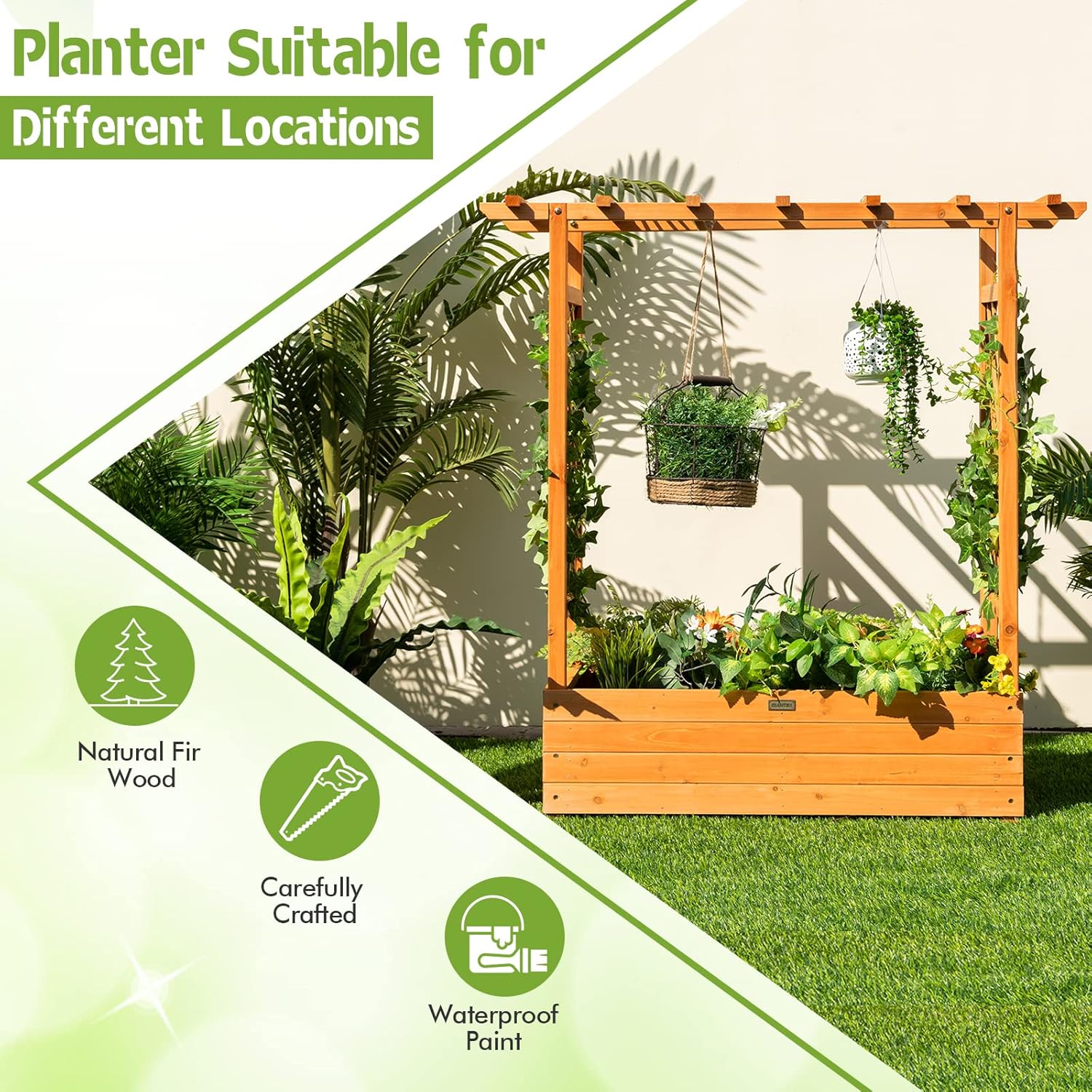 Raised Garden Bed with Trellis, Wood Planter Box with Drain Holes V4144