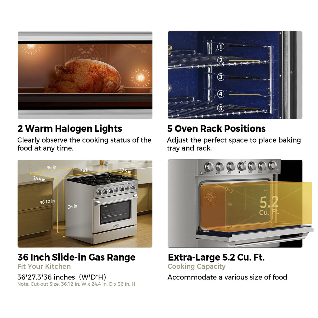 36 in. 5.2 cu. ft. Slide-In Single Oven Gas Range with 6 Sealed Burners, Stainless Steel K6199