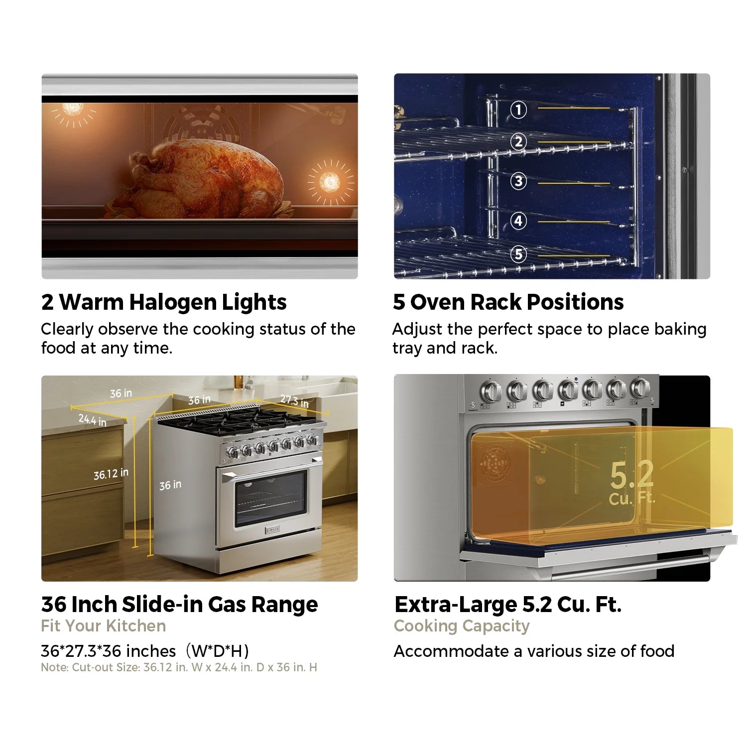 36 in. 5.2 cu. ft. Slide-In Single Oven Gas Range with 6 Sealed Burners, Stainless Steel K6199