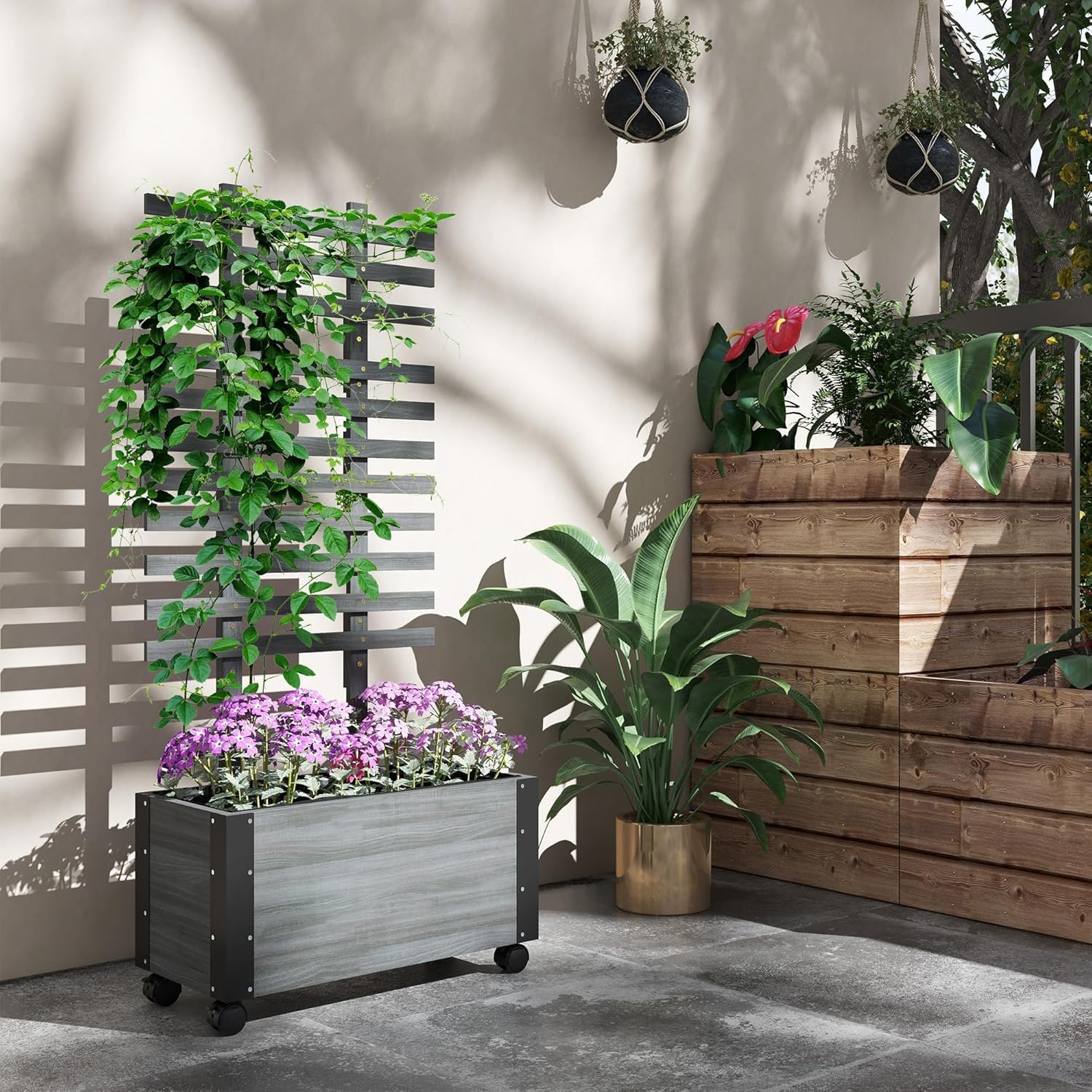 Raised Garden Bed with Trellis, 58" Wooden Planter Box on Wheels P761