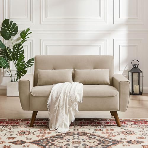 48.8" Small Loveseat Sofa, Mid Century Modern Love Seat Couch with Back Cushions and Wood Legs, 2 Seater Couches for Living Room, Bedroom, Small Spaces, Green