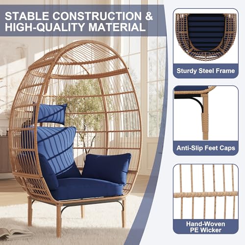 Oversized Wicker Egg Chair with 5 Cushions for Patio and Living Room I822