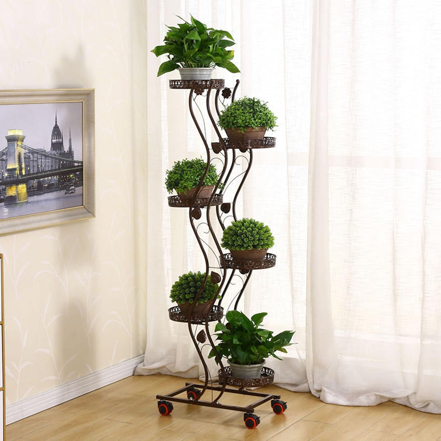 6 Tier Metal Plant Stand Indoor Outdoor, Vertical Tall Planter Display Corner Shelf With Wheels, Multiple Plant Rack For Garden Patio Lawn Balcony