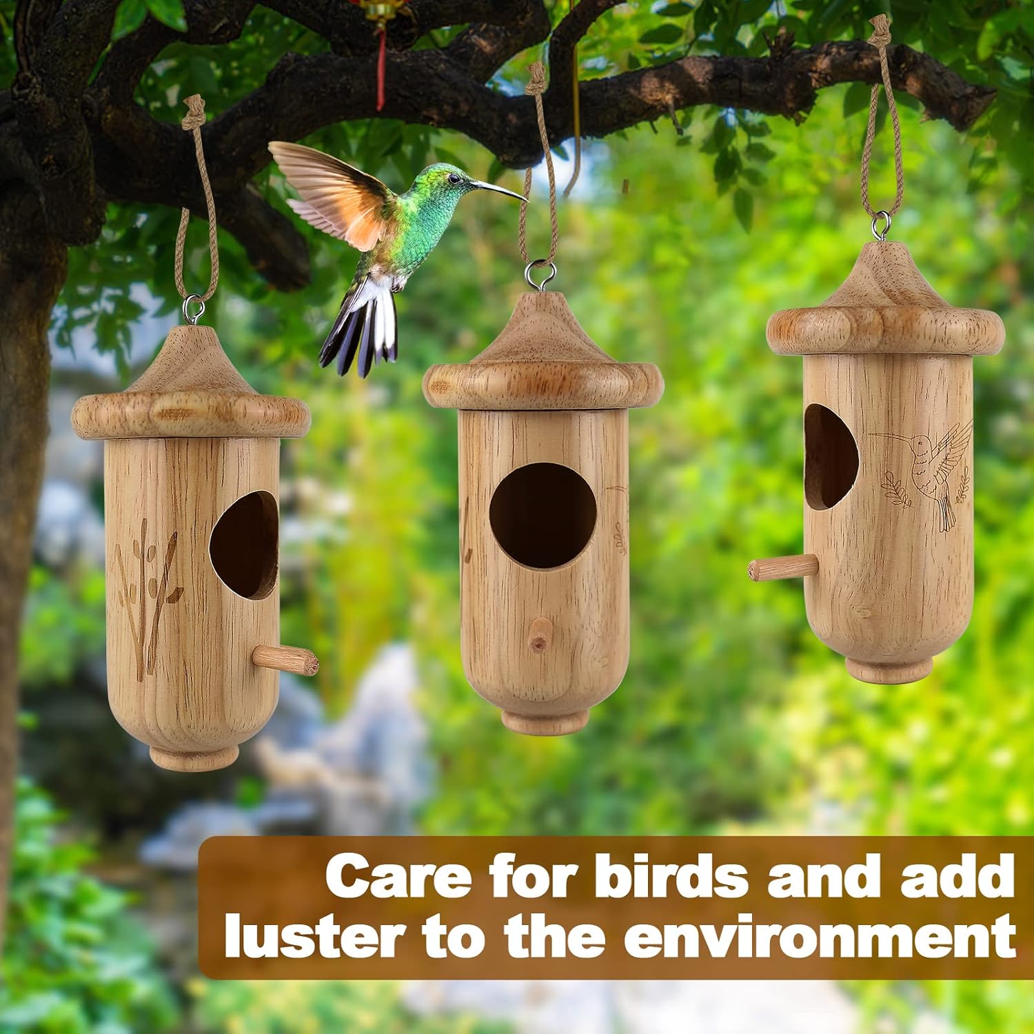 Wooden Hummingbird House for Hanging, 3 Pack with Hemp Ropes V482850