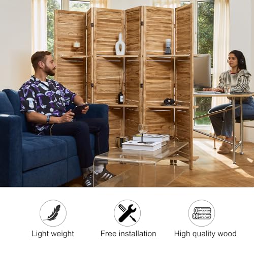 Folding Room Divider with Shelves, 6 Panels, Brown D785582