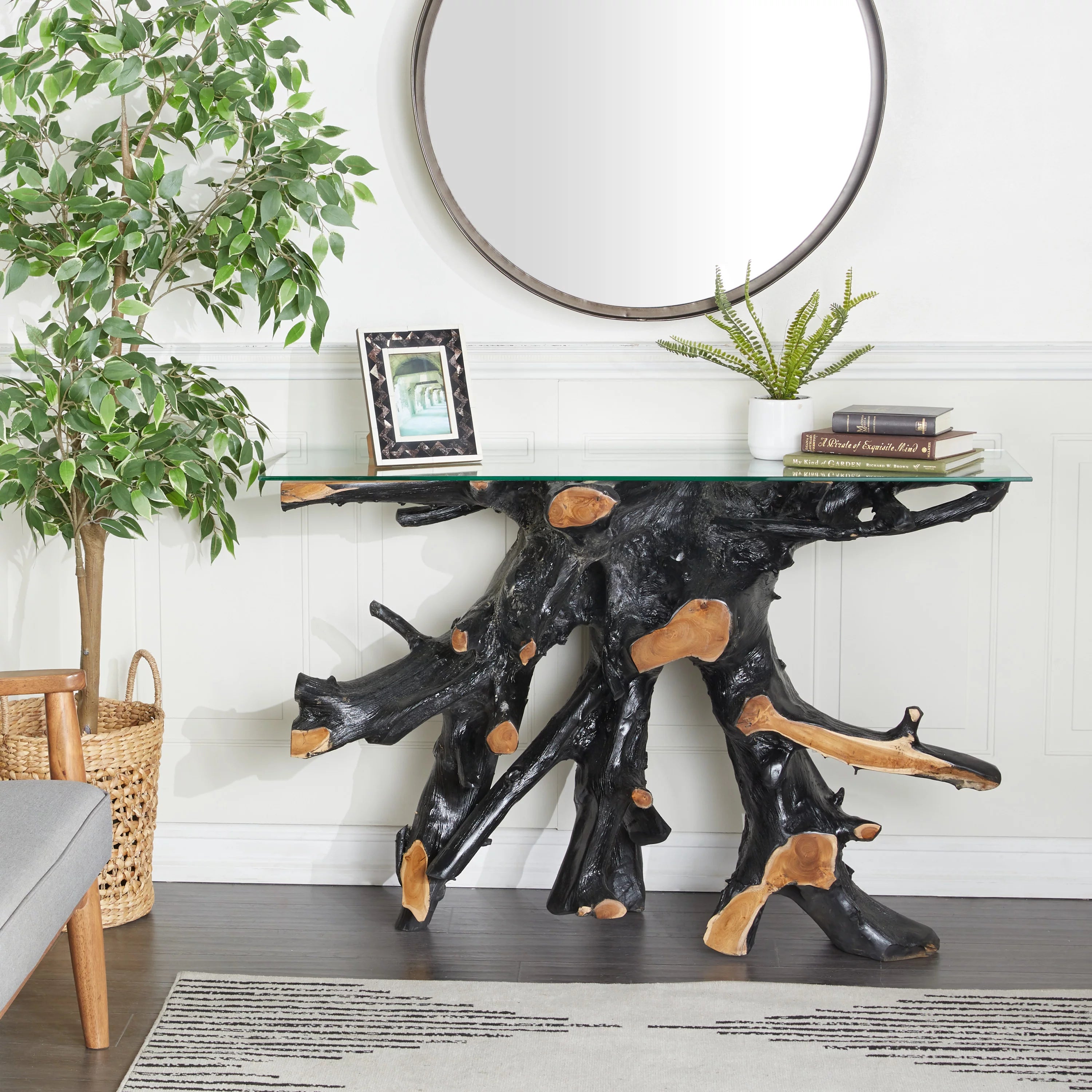Black Teak Wood Live Edge Console Table with Clear Glass Top X4060