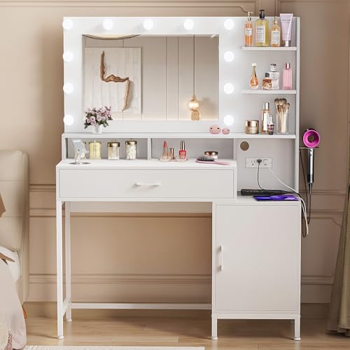 White Vanity Desk with Mirror and Lights and Storage Drawer M5848