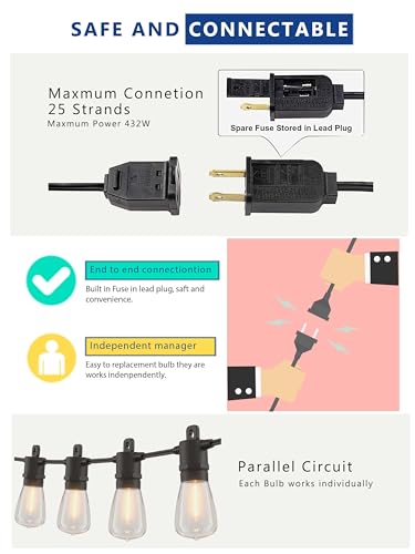 Outdoor String Lights LED 50Ft Waterproof Patio Lights with 27 Vintage Shatterproof Edison Bulbs J49172