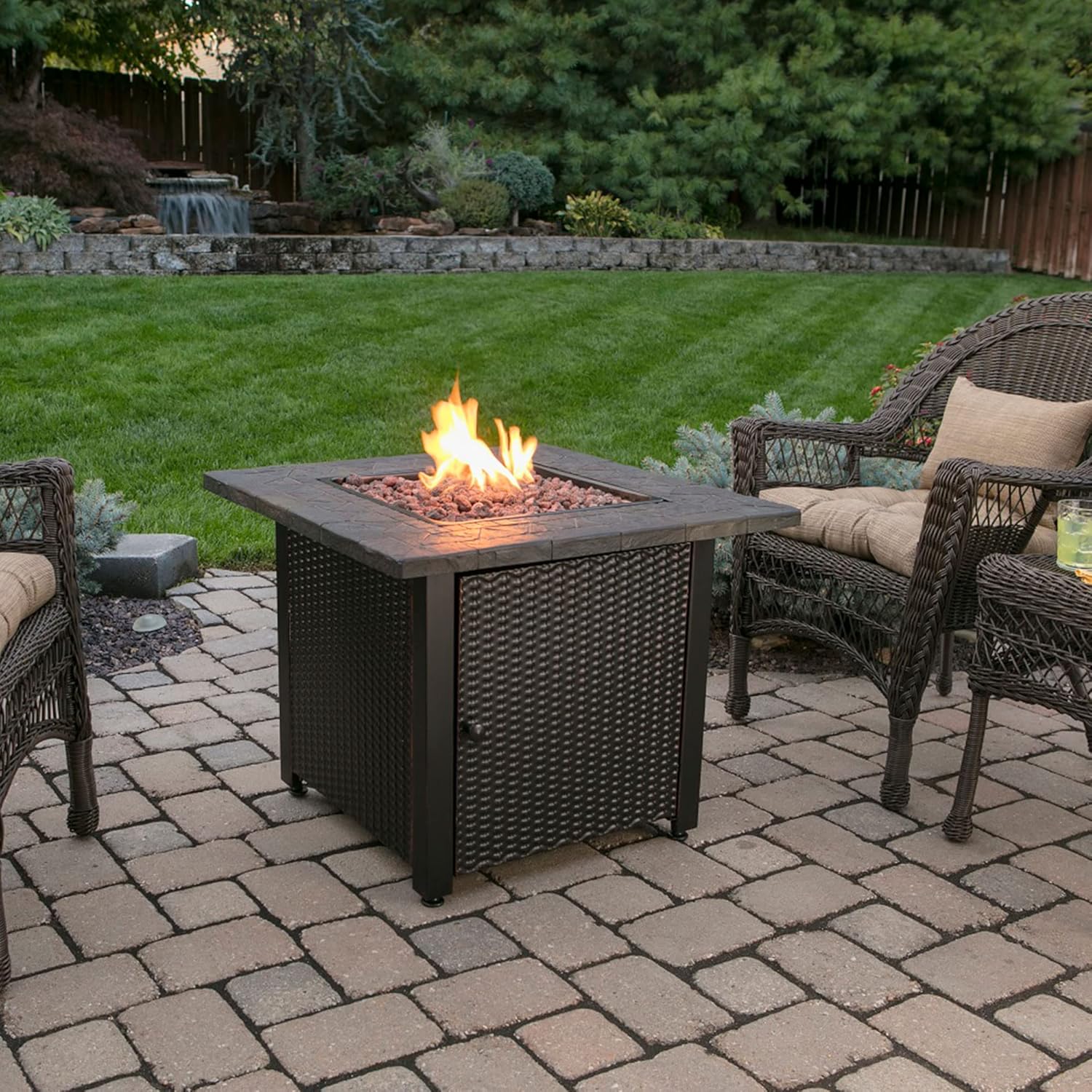 30 Inch Square 30,000 BTU LP Gas Outdoor Fire Pit Table with Mosaic Resin Mantel and Lava Rock F73658