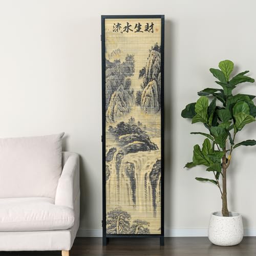 4-Panel Folding Bamboo Room Divider with Cherry Blossom Scene B61114