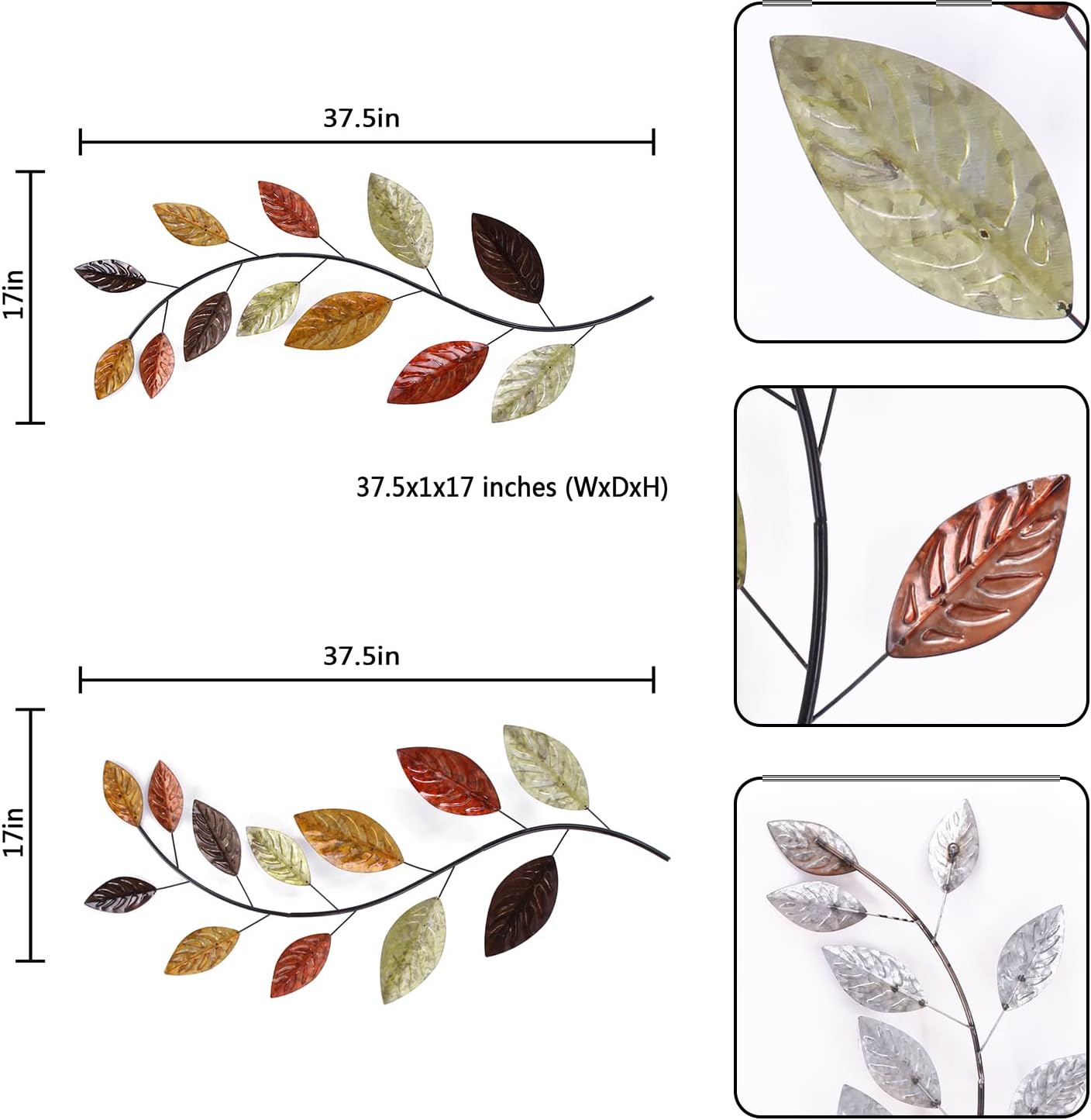 Set of 2 Metal Tree Leaf Wall Art Decor, 38 Inch Iron Olive Branch Home Sculptures D496