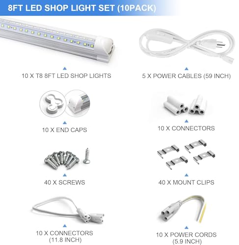 10-Pack 8ft LED Shop Light Fixture, 90W T8 Integrated Tube, 6500K 12000LM, Linkable T267
