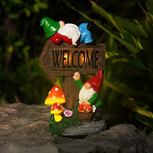 Garden Gnome Statue with Solar LED Lights for Outdoor Patio Yard Decor N332070