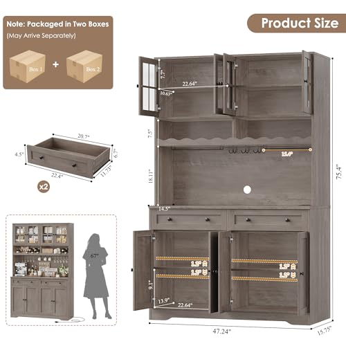 75.4" Tall Kitchen Pantry Cabinet with Charging Station, White, Glass Doors M88445